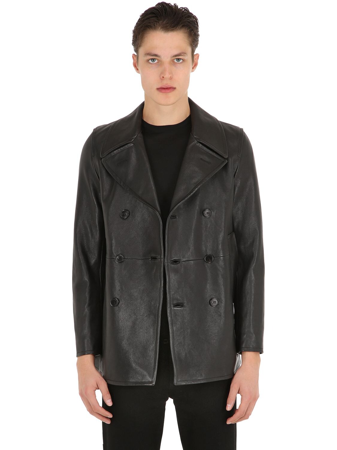 SAINT LAURENT DOUBLE BREASTED LEATHER PEACOAT,68IRKP002-MTAwMA2