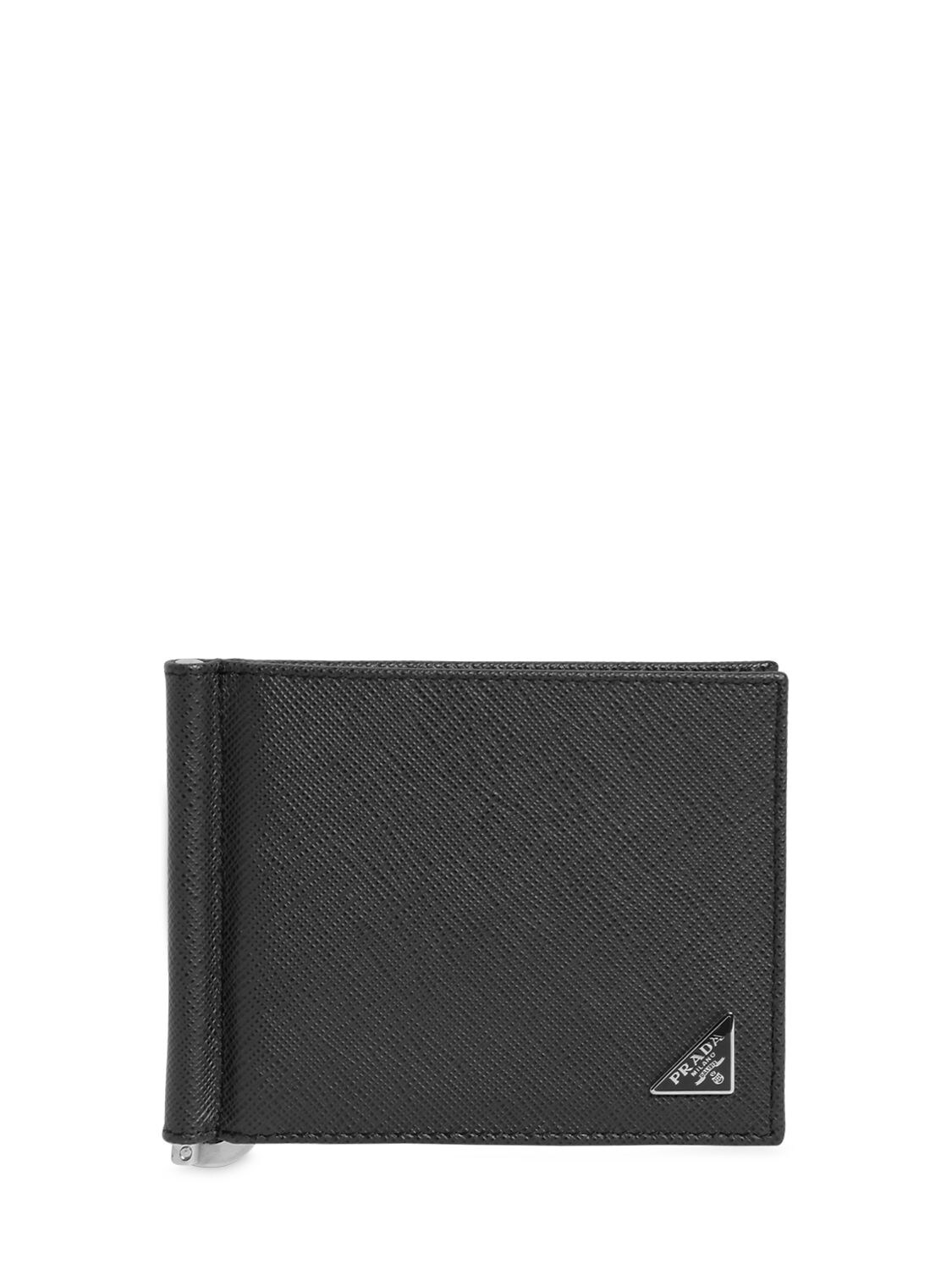 Prada Saffiano Leather Wallet W/ Money Clip In Black