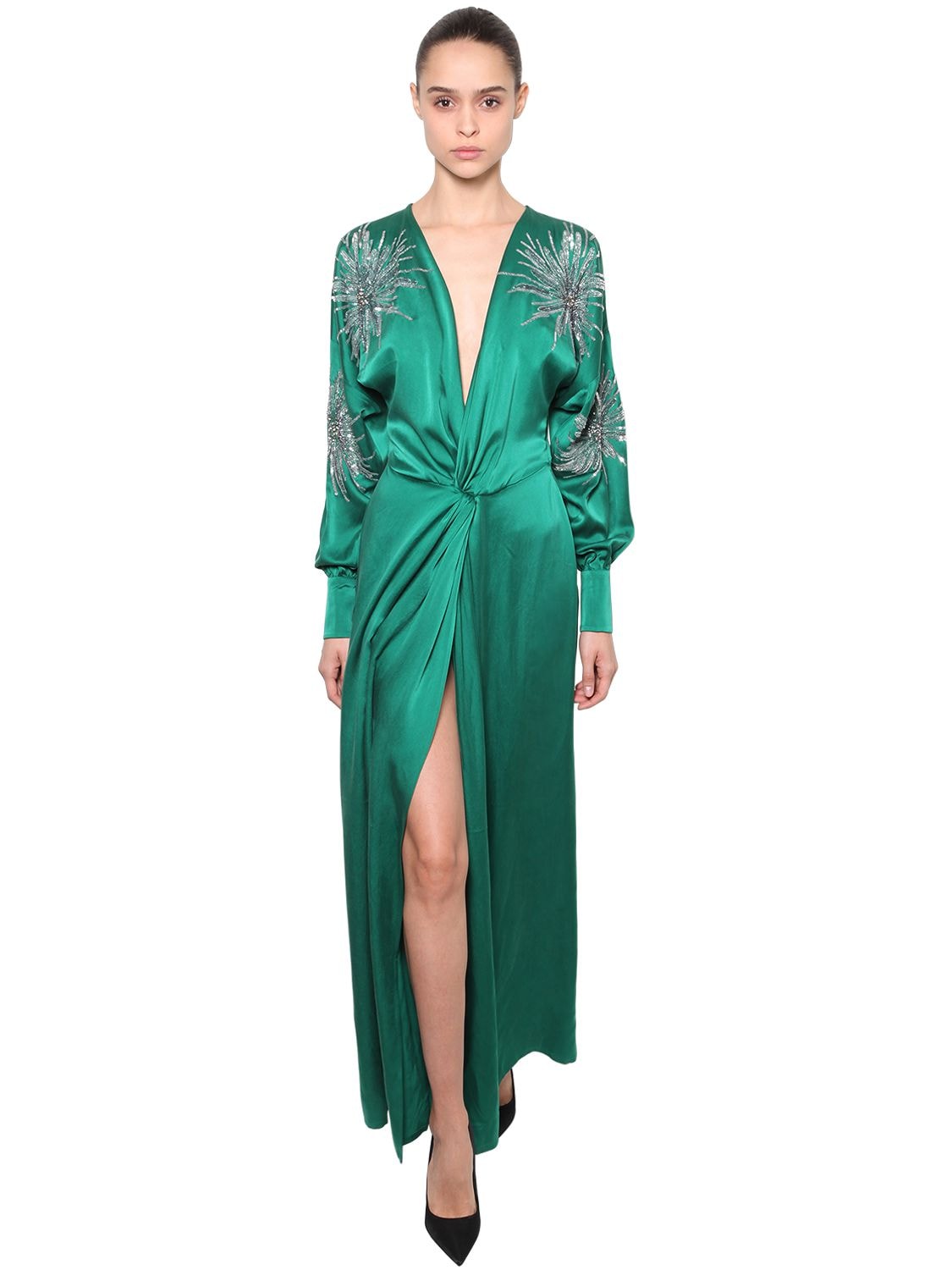 Silvia Astore V Neck Embellished Satin Long Dress In Green