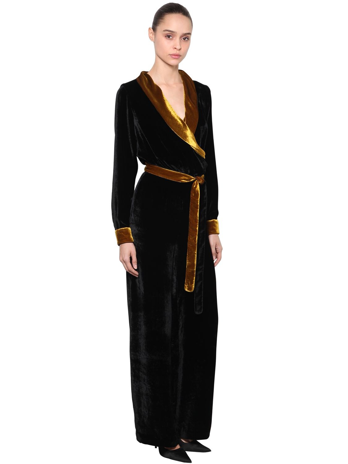 Silvia Astore Two Tone Velvet Jumpsuit W/ Belt In Black,gold