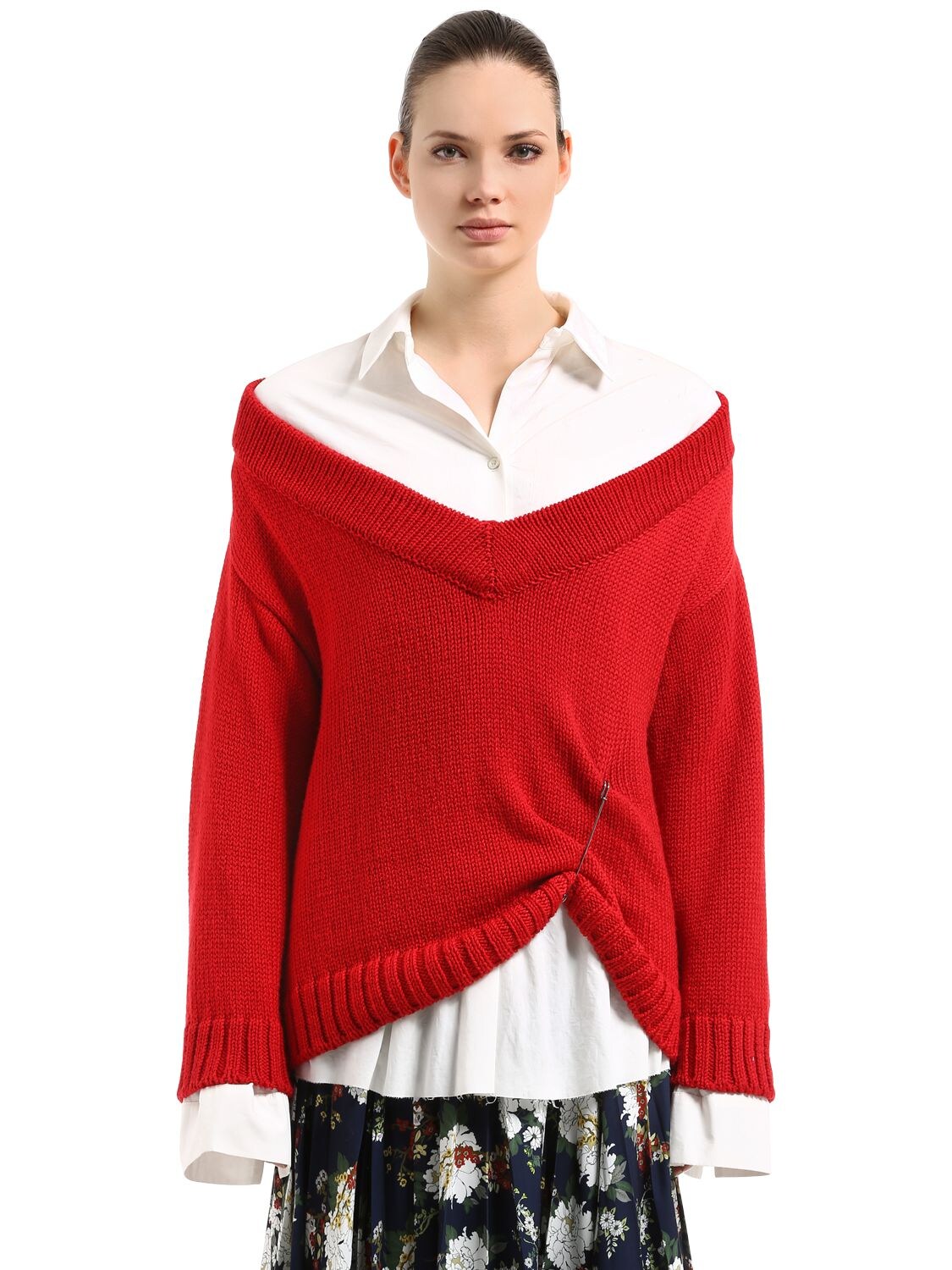 Act N°1 Oversized Wool Sweater & Cotton Shirt In Red,white