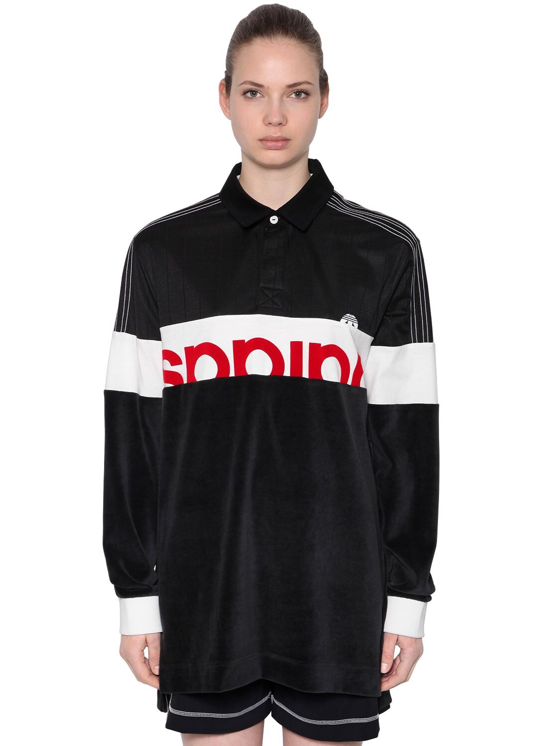 Adidas Originals By Alexander Wang Velour & Cotton Maxi Polo T-shirt In Black