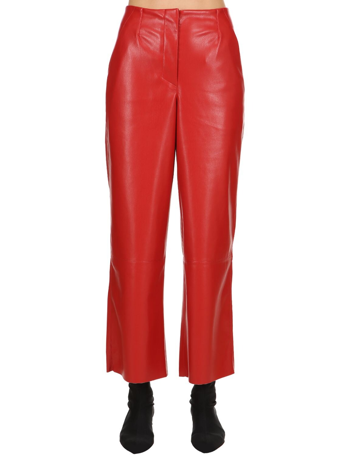 red faux leather trousers