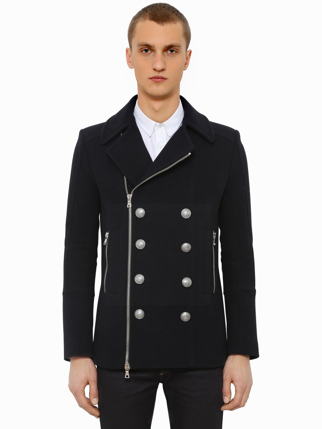 Balmain Double Breasted Wool Blend Peacoat In Midnight Blue