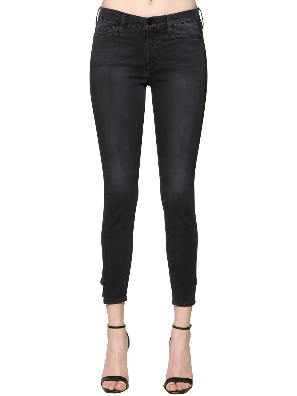 Frame Skinny Coated Tux Jeans W/ Side Bands In Black