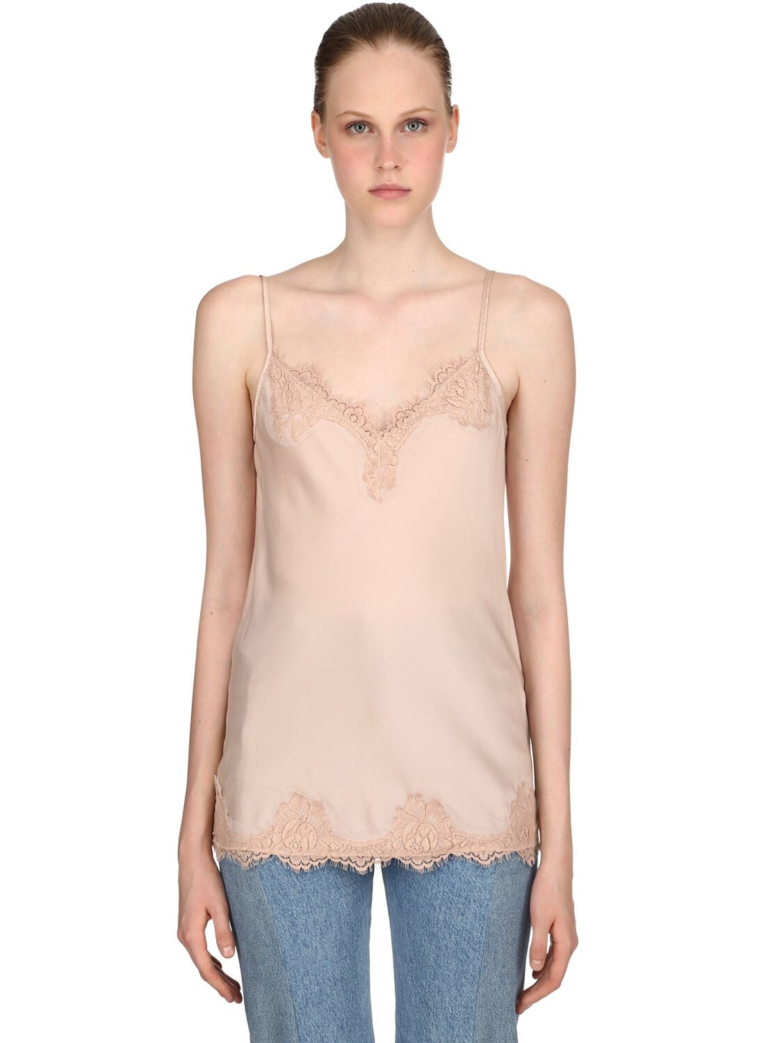 Pink Memories Stretch Viscose & Lace Tank Top In Nude
