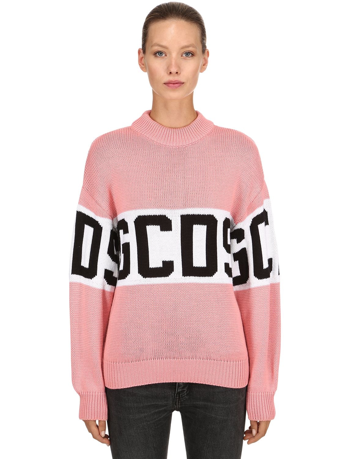 Gcds Logo Intarsia Wool Blend Knit Sweater In Pink