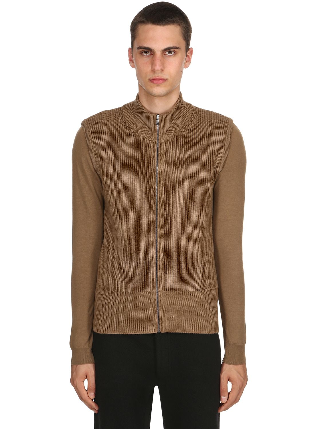 Falke Zip-up Extra Fine Wool Knit Vest In Brown