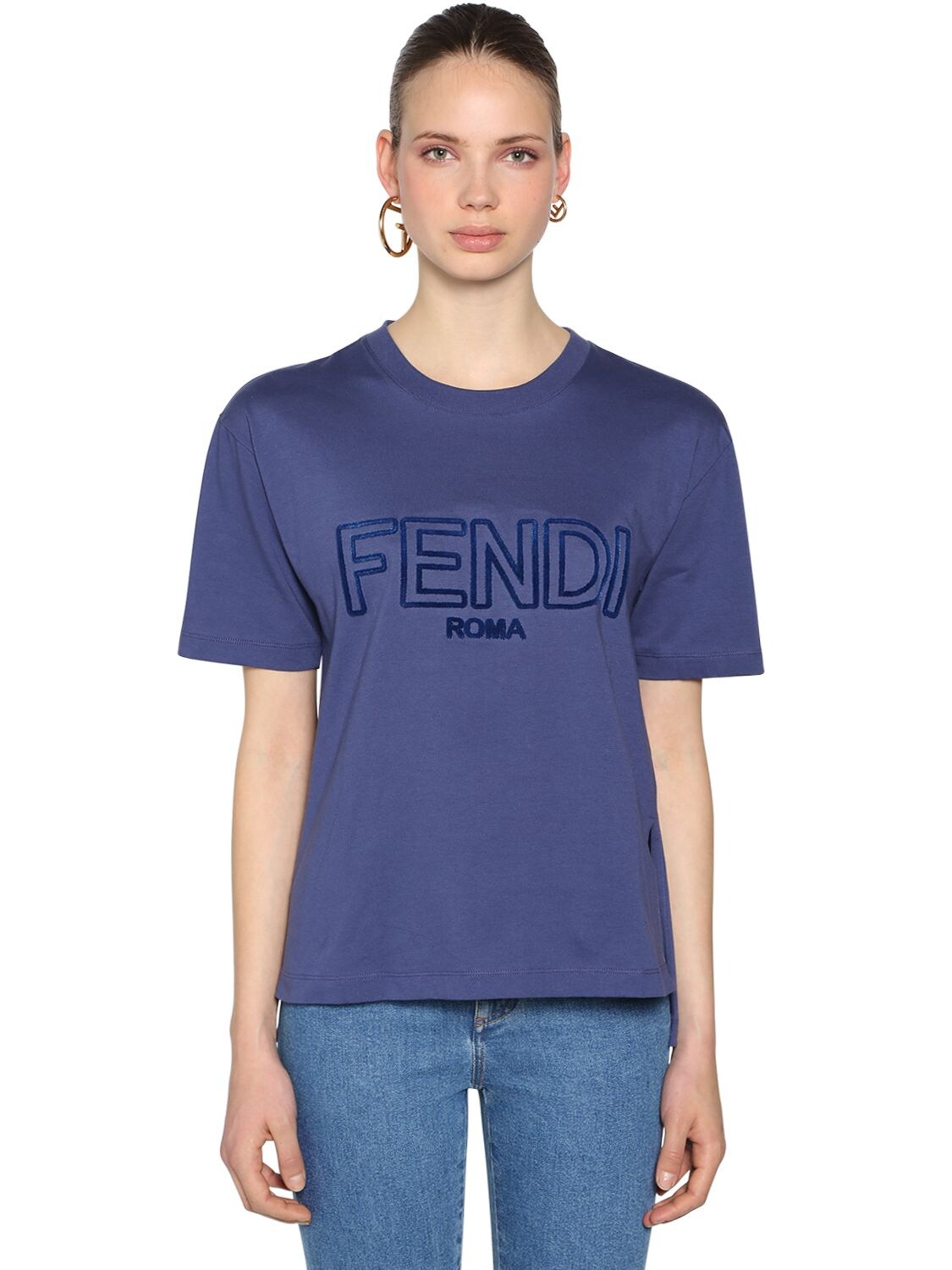 FENDI OVERSIZE LOGO EMBROIDERED JERSEY T-SHIRT,68IW0R003-RjEyUUE1
