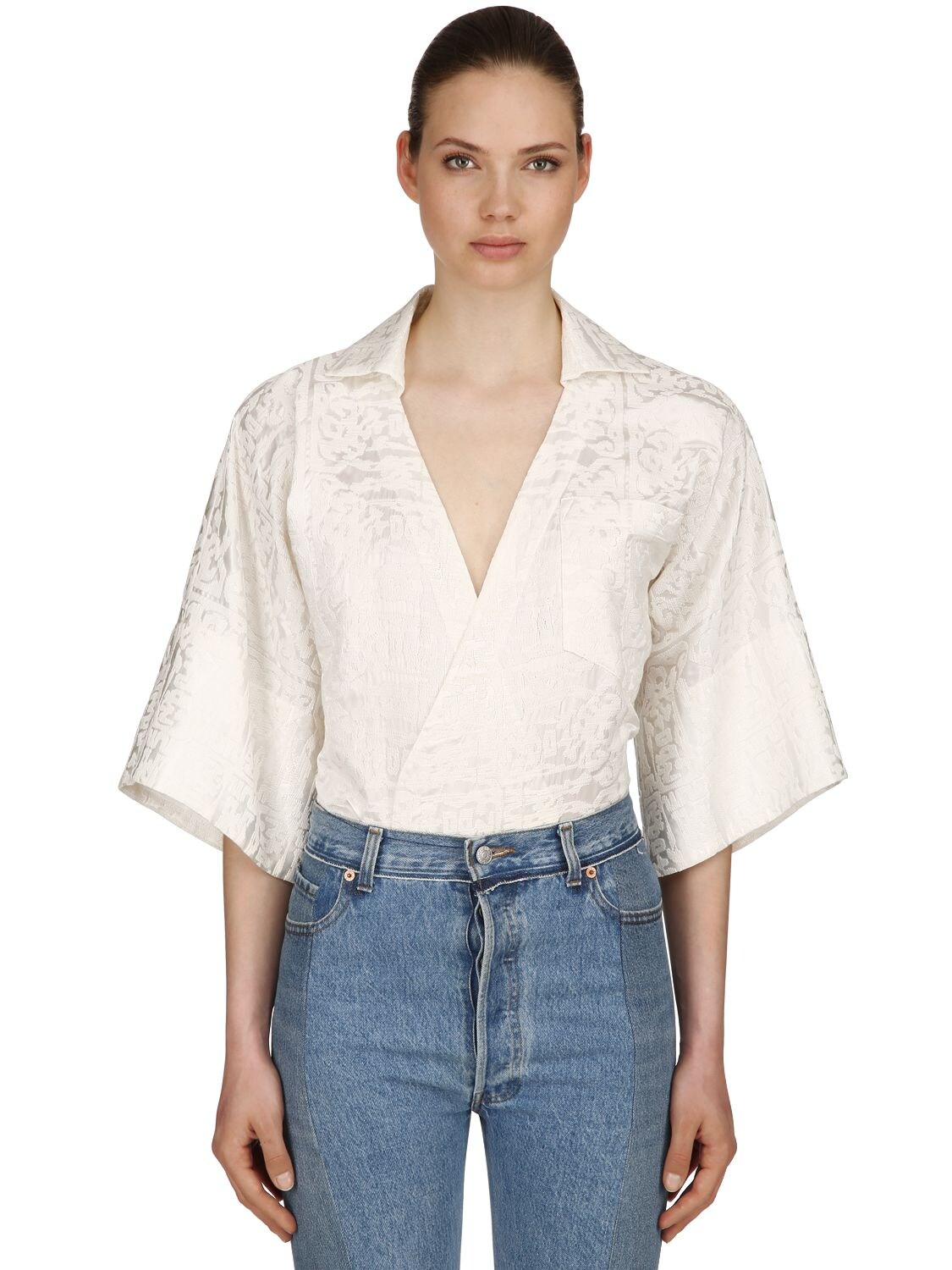 Caftanii Embroidered Silk Wrap Top In Off White