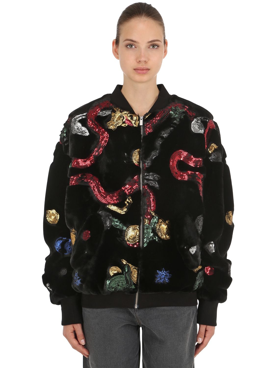 Angel Chen Sequined Faux Fur Bomber Jacket In Black