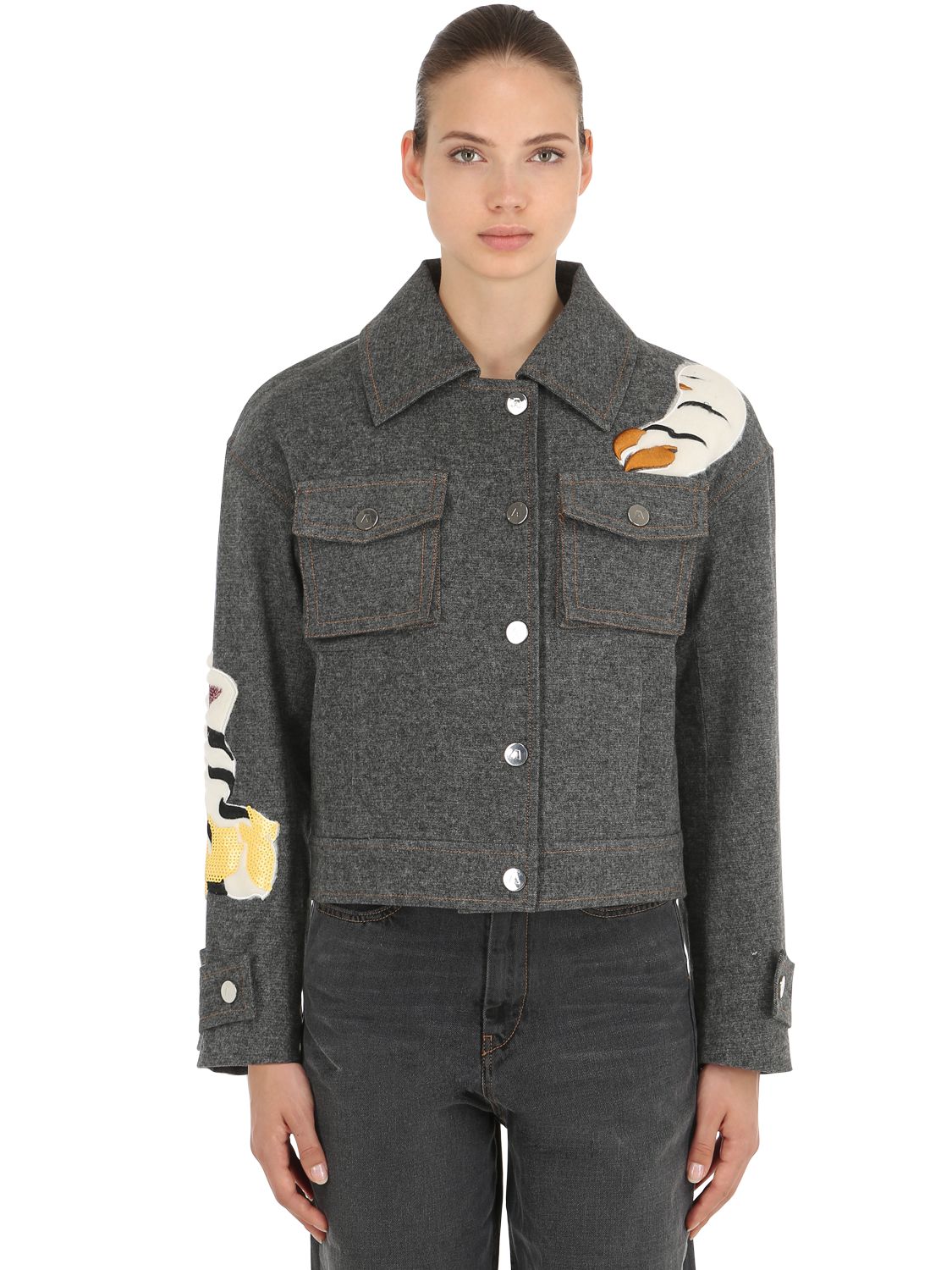 Angel Chen Tiger Embroidered Cotton Denim Jacket In Grey