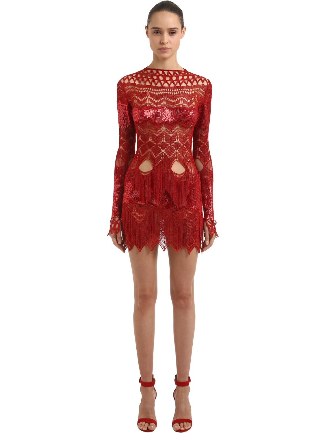 Julien Macdonald Embroidered & Fringed Cutout Dress In Red