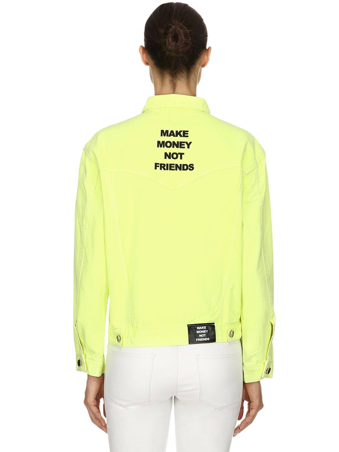 Make Money Not Friends Logo Printed Denim Jacket In Yellow