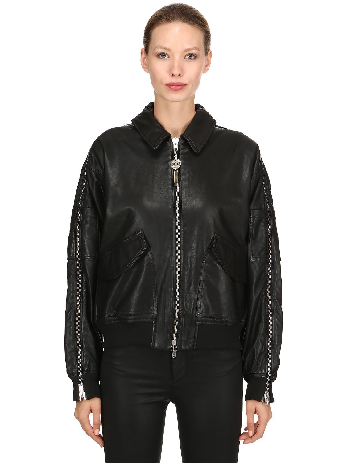 Sword 6.6.44 Impact Zipped Leather Bomber Jacket In Black