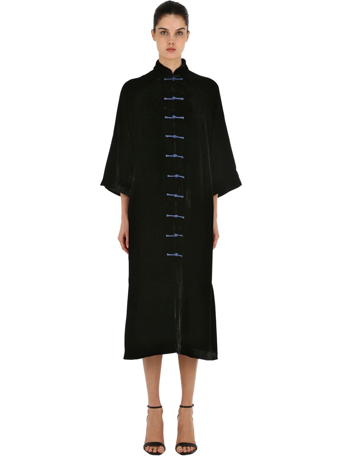 Yali Silk Velvet Long Jacket In Black