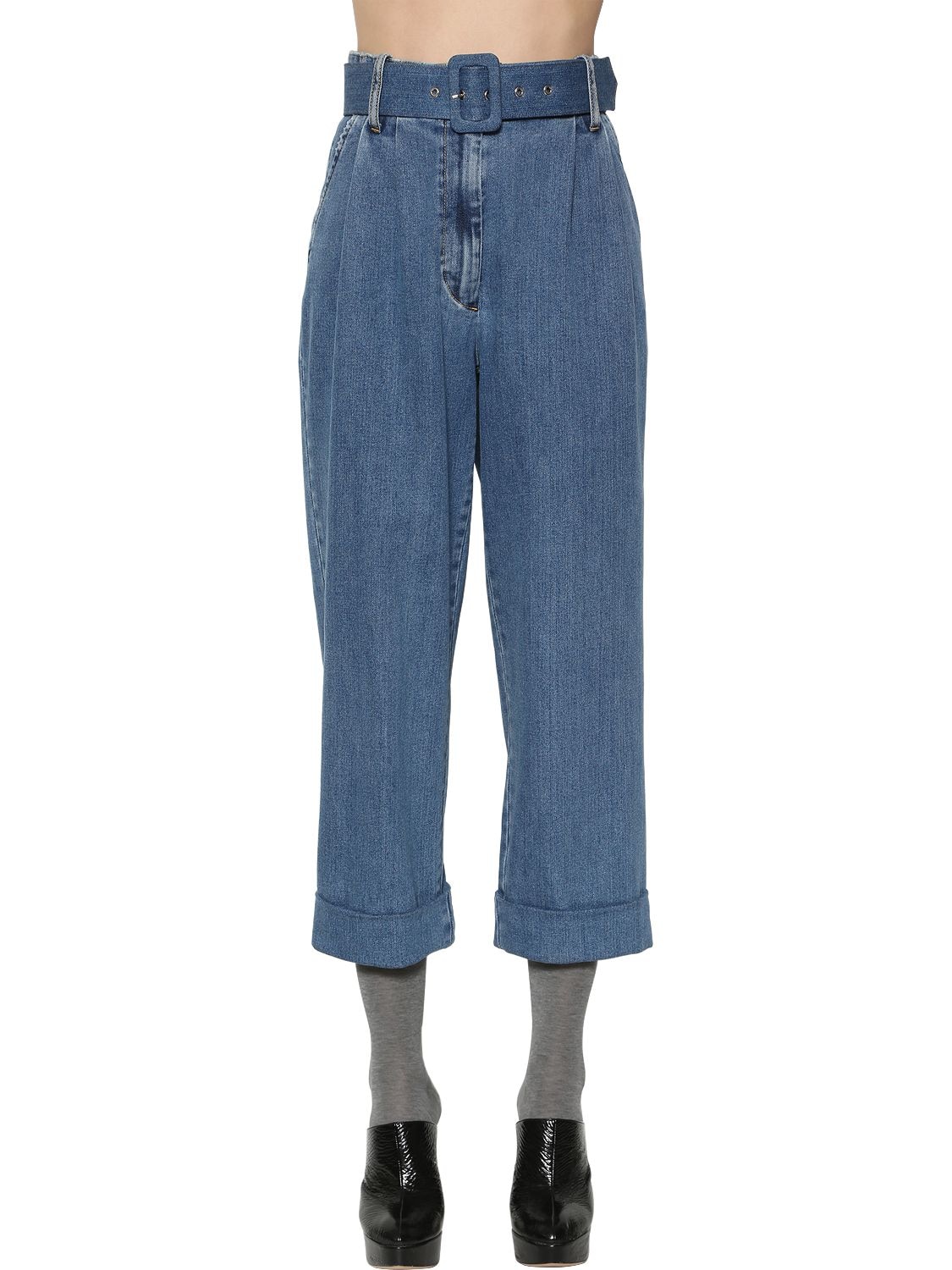 Isa Arfen Belted Cotton Denim Cropped Jeans