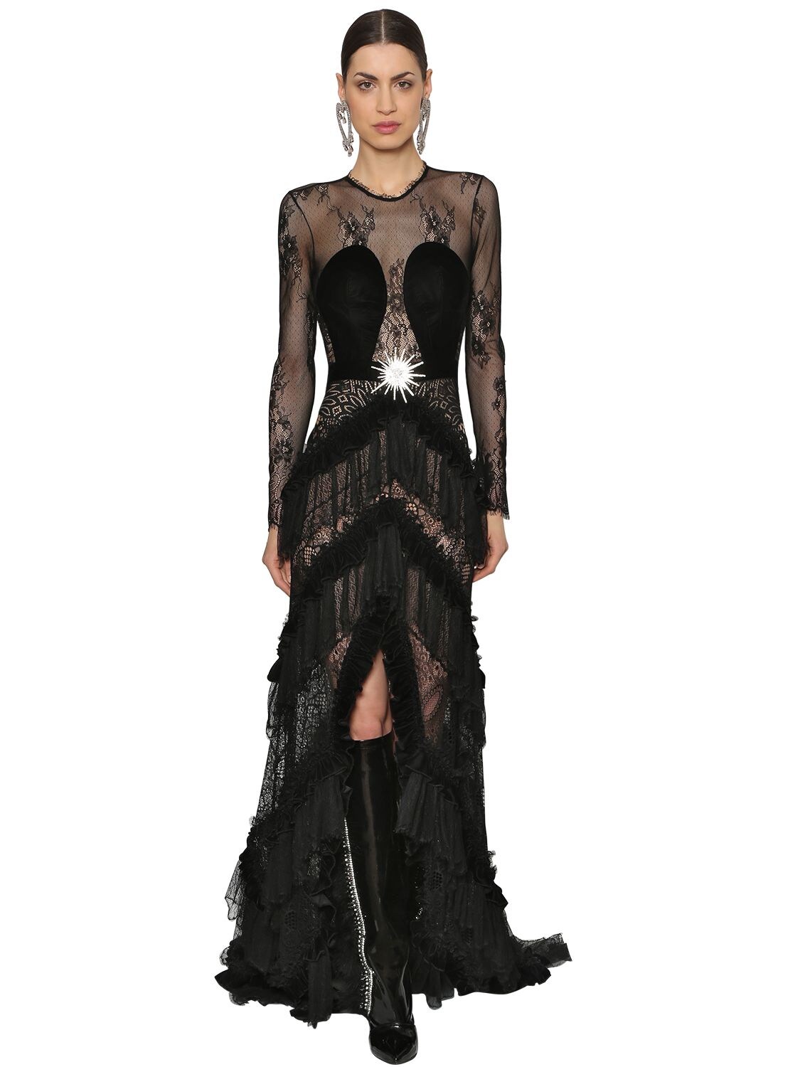 Raisa Vanessa Sheer Lace & Velvet Ruffled Long Dress In Black | ModeSens