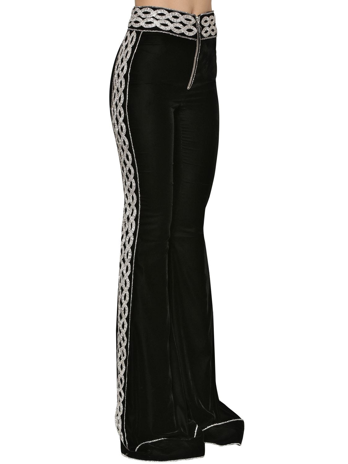 Raisa Vanessa Crystals Embellished Flared Velvet Trousers In Black
