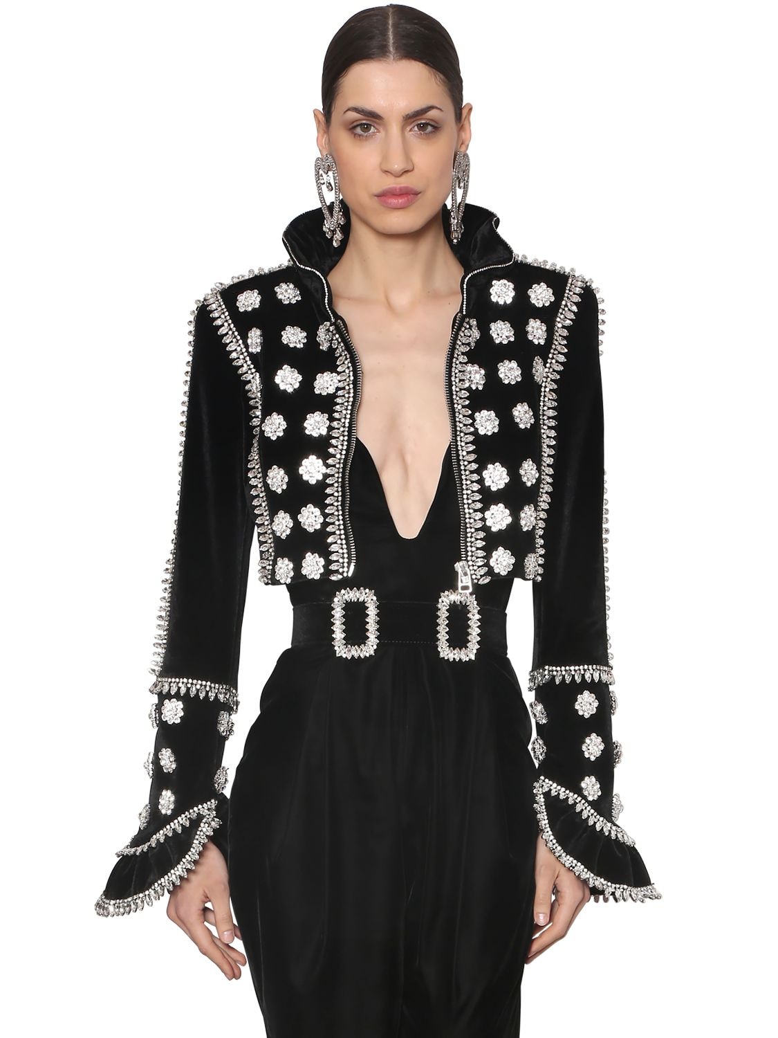 Raisa Vanessa Crystal Embellished Velvet Bolero Jacket In Black
