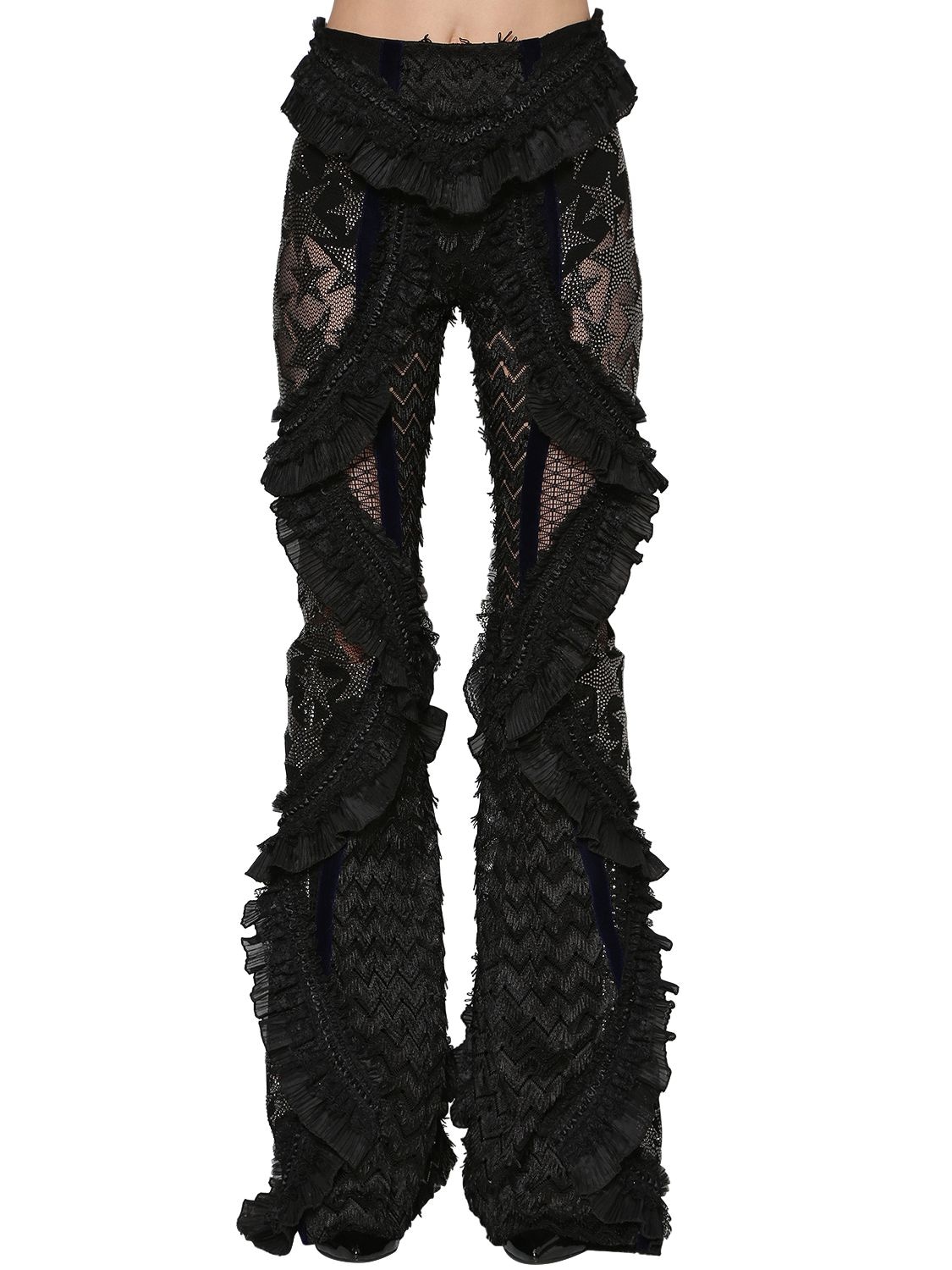 Raisa Vanessa Crystals Sheer Lace & Tulle Flared Pants In Black