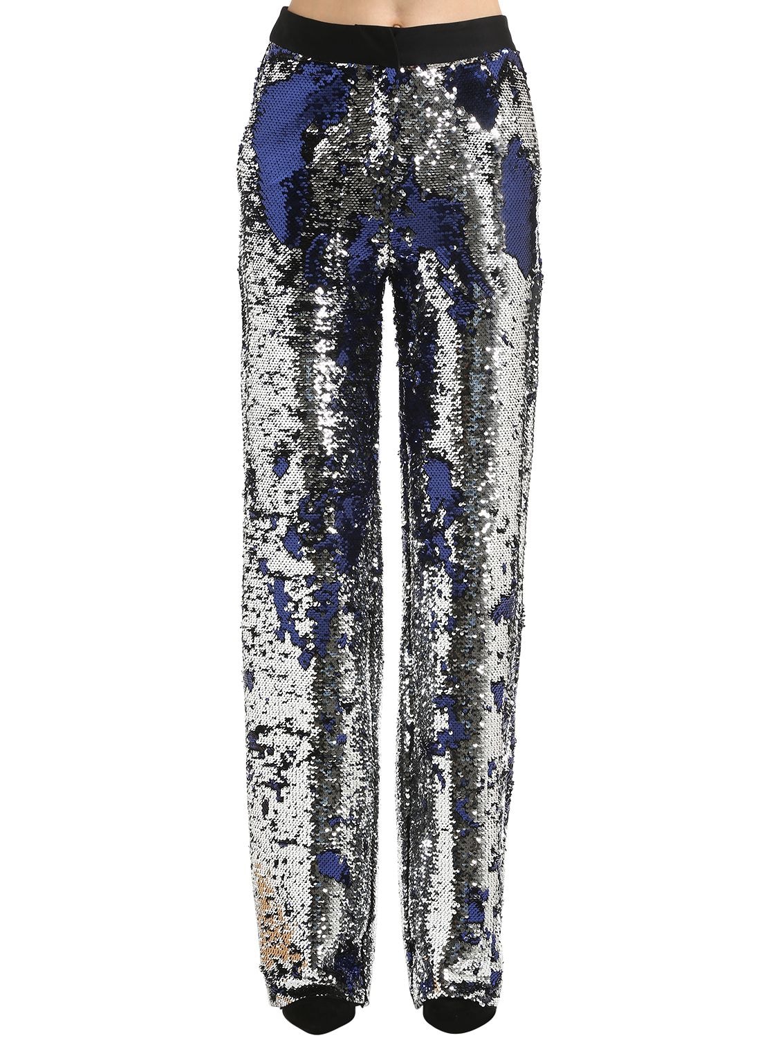 Act N°1 Sequined Wide Leg Pants In Silver,blue