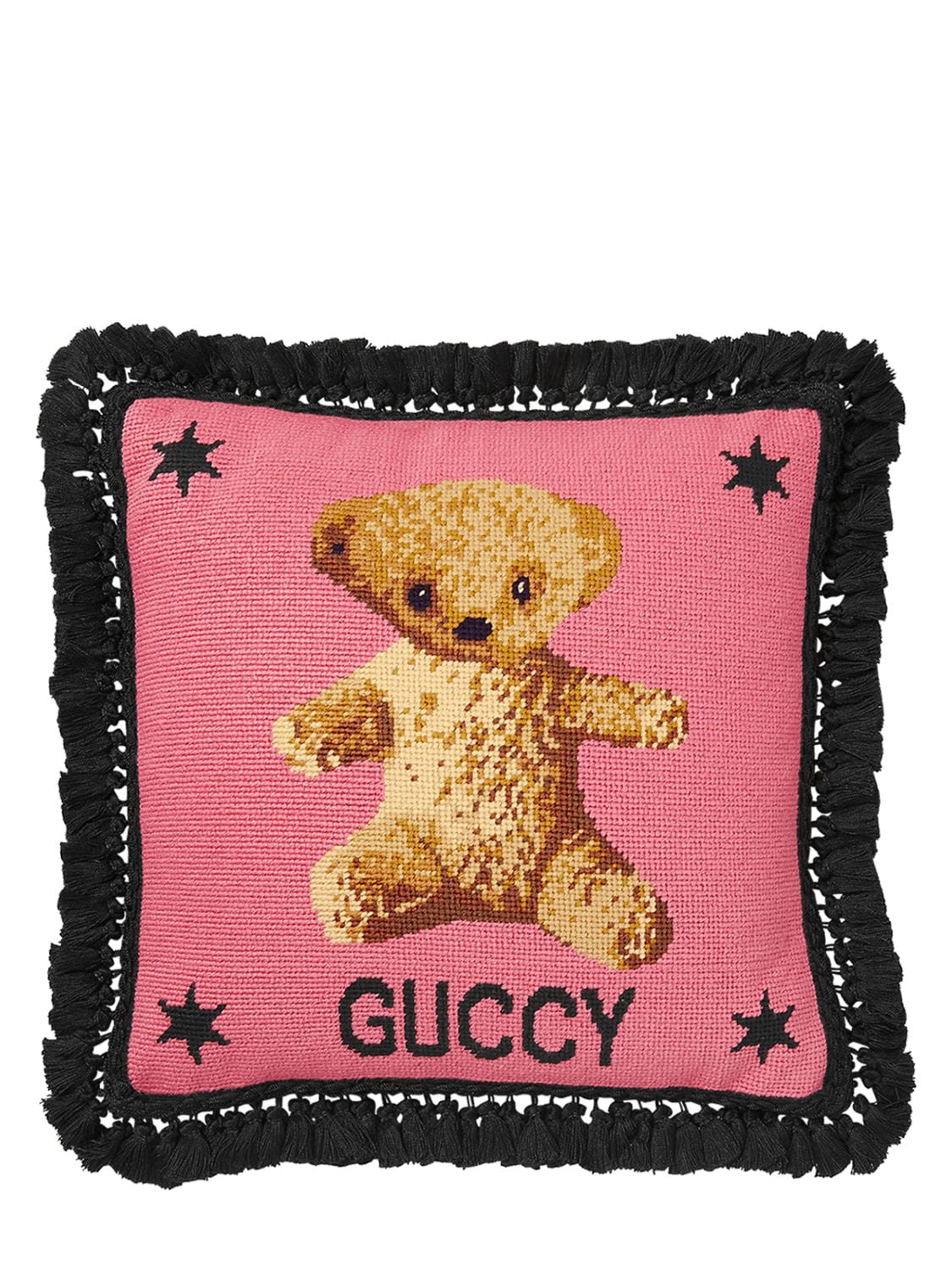 Gucci Teddy Bear Cross Stitch Pillow In Pink,black