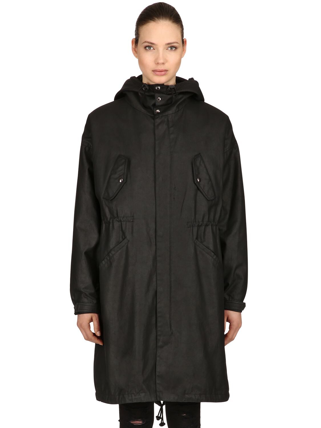 Raglan United Hooded Coated Cotton Rain Coat In Black