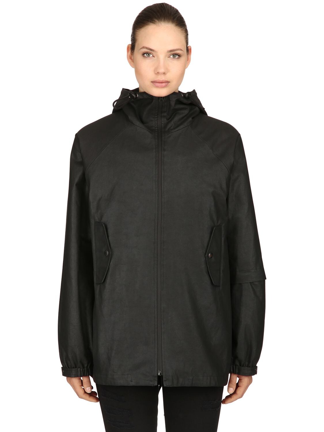 Raglan United Hooded Coated Cotton Rain Jacket In Black