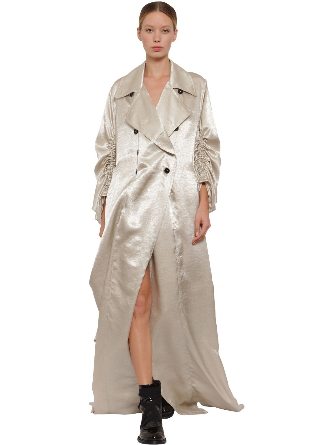 ANN DEMEULEMEESTER LONG DOUBLE BREASTED SATIN TRENCH COAT,69I019010-MDCW0