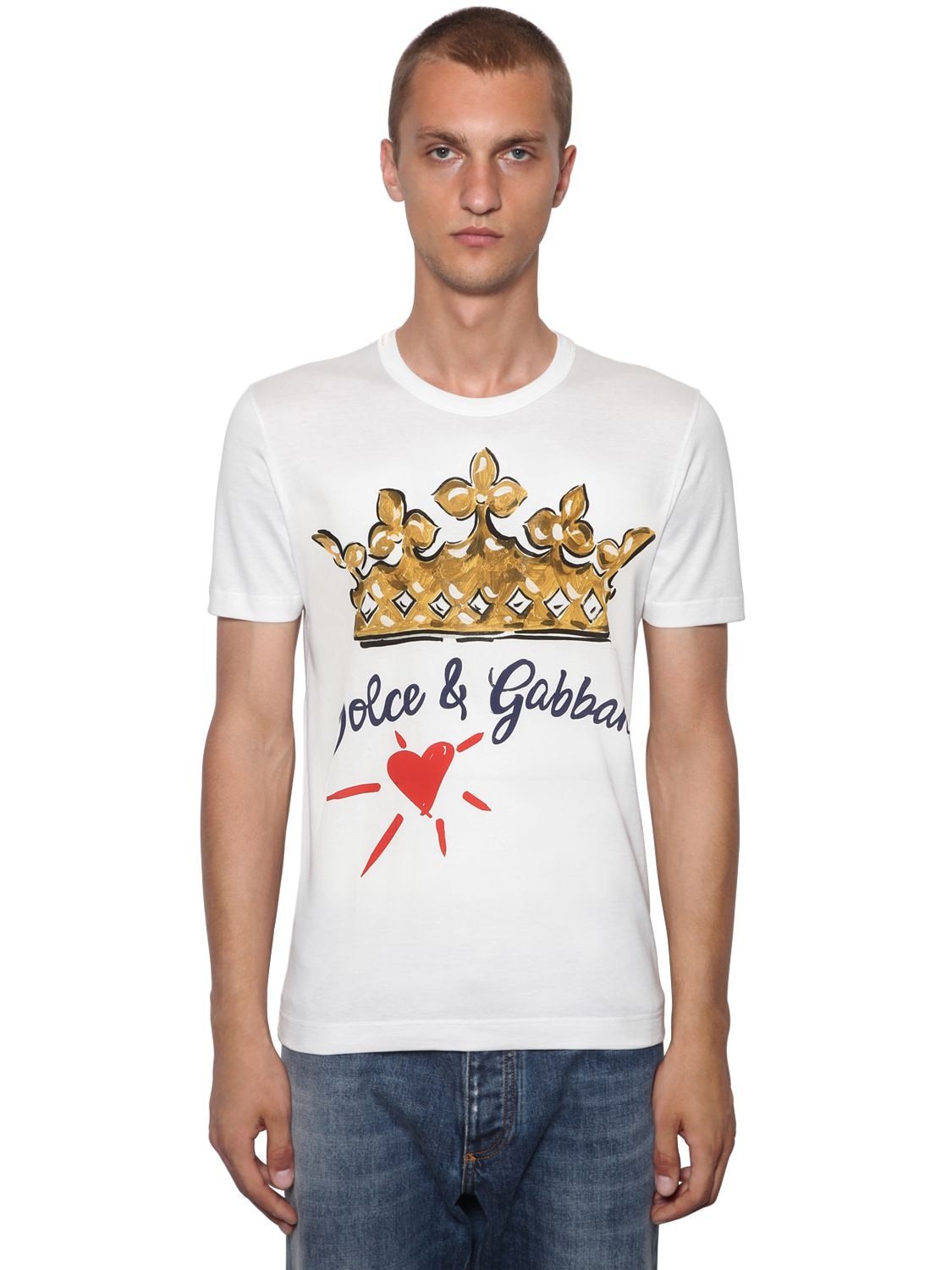 Dolce & Gabbana Crown & Logo Printed Cotton T-shirt In White | ModeSens