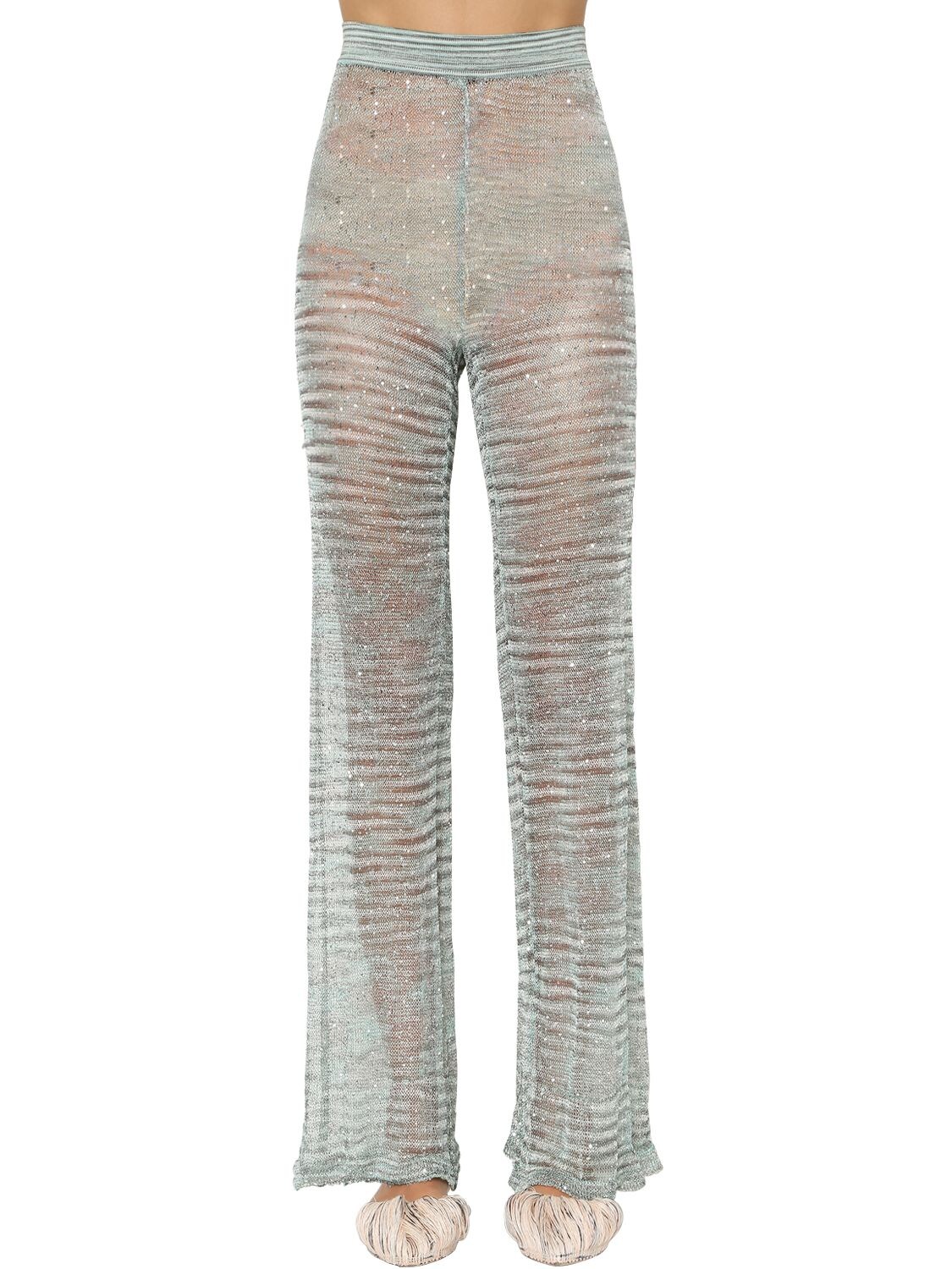 Missoni Embellished Viscose Knit Pants In Aqua