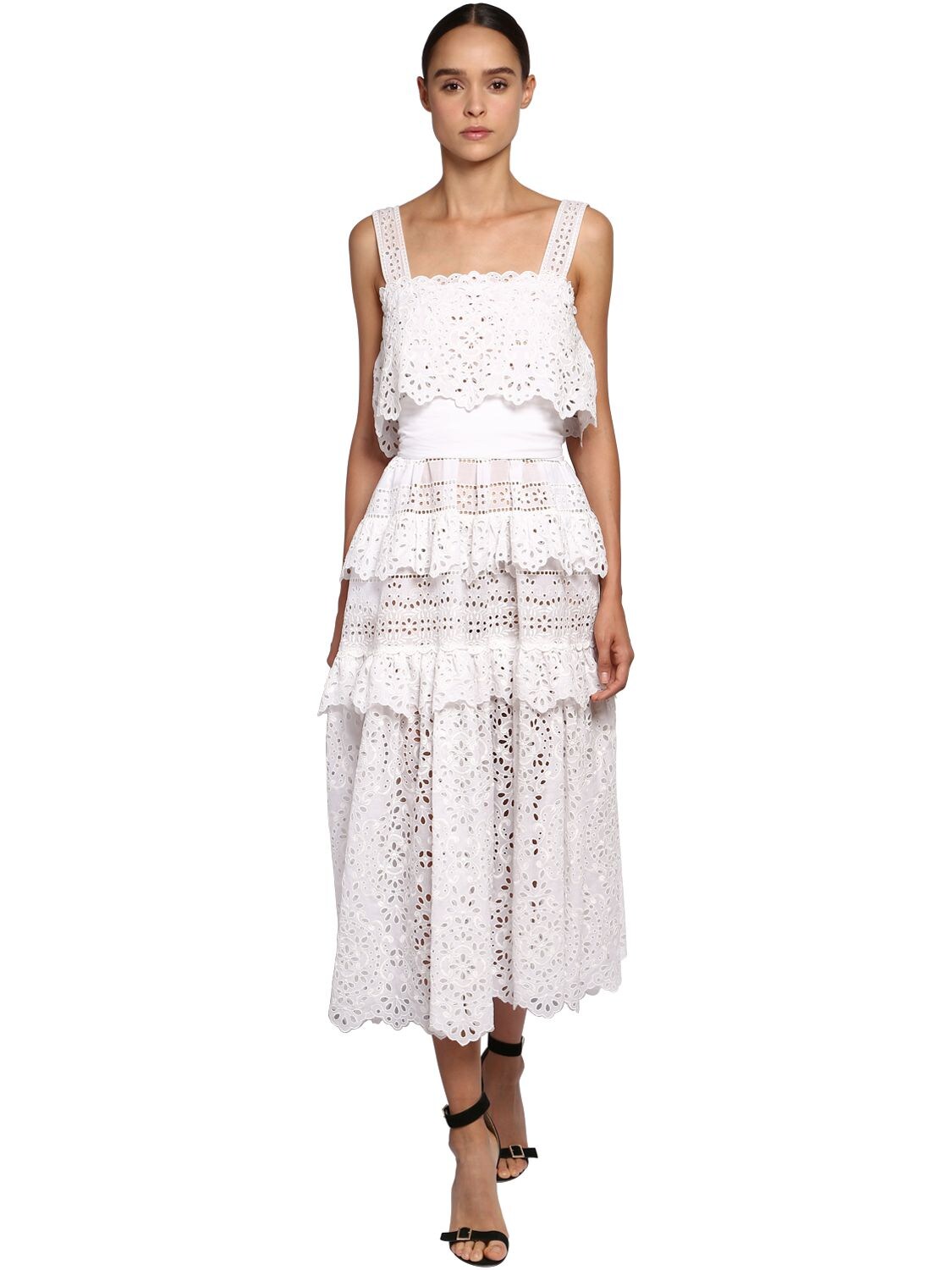 Elie Saab Cotton Lace & Poplin Long Dress In White
