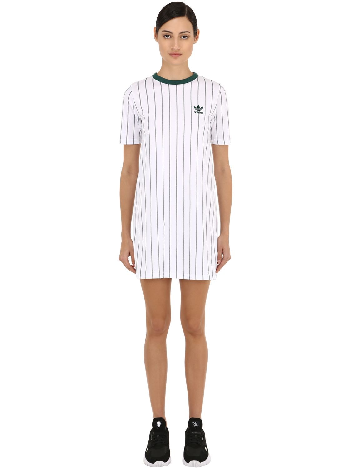 Adidas Originals Pinstriped Cotton Jersey T-shirt Dress In White