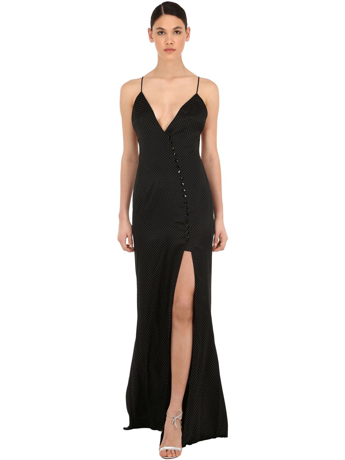 Azzaro Studded Satin Long Dress W/ Crystals In Black