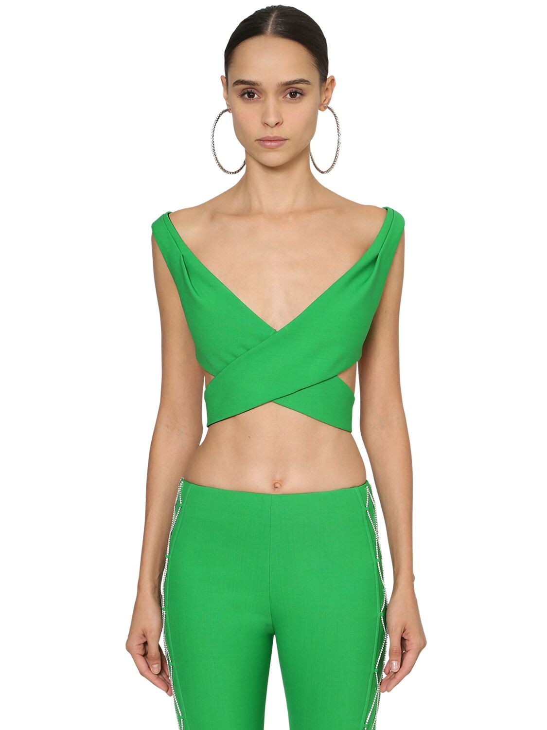 Area Wrapped Wool Blend Crop Top In Green