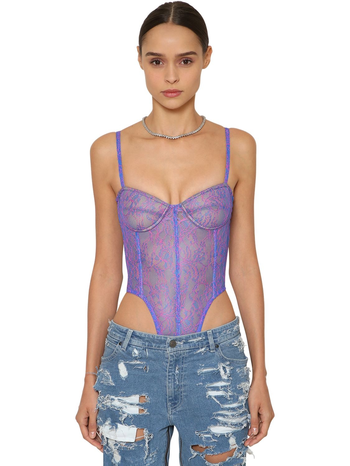 Laquan Smith High Waist Lace Bustier Bodysuit In Lilac