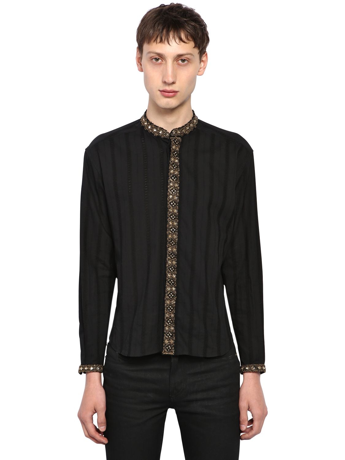 Saint Laurent Cotton Bayadere Stripe Shirt With Star And Mirror Embroidery In Black