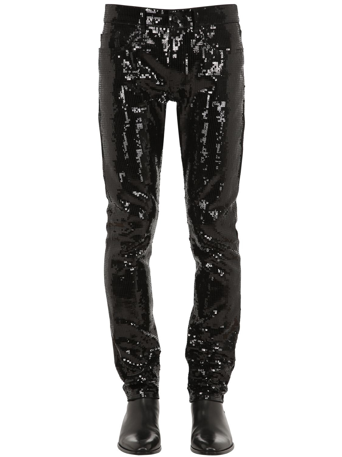Saint Laurent Sequin Embellished Stretch Cotton Jeans In Black
