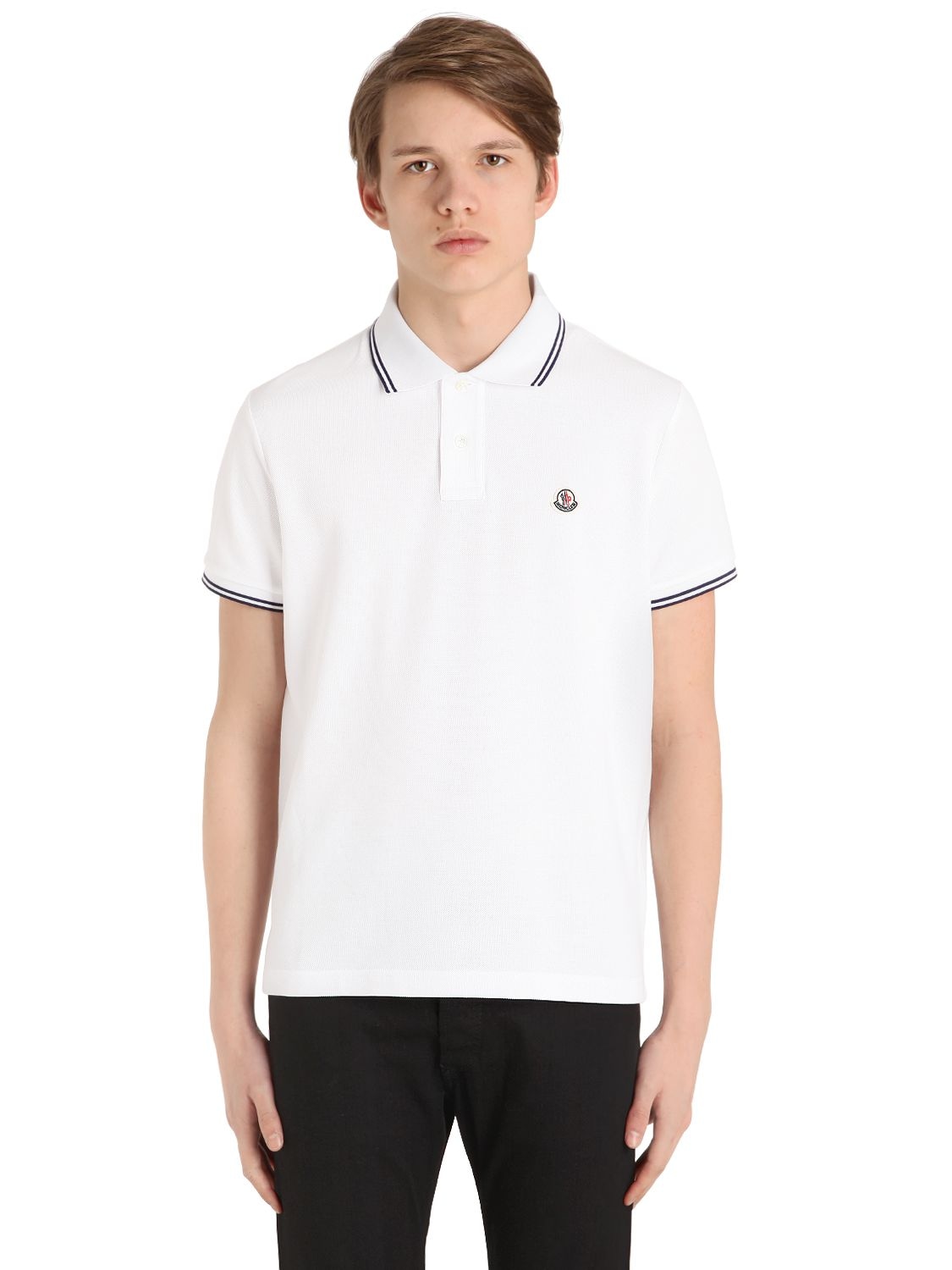 Moncler Logo Striped Cotton Piqué Polo Shirt In White