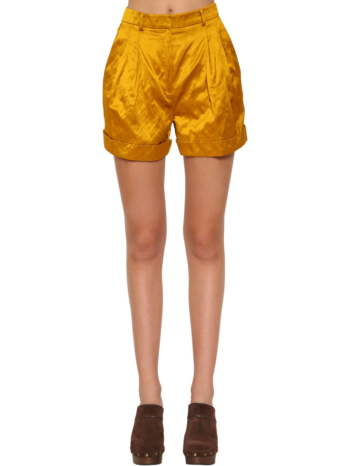 Philosophy Di Lorenzo Serafini High Waist Wrinkled Duchesse Shorts In Mustard