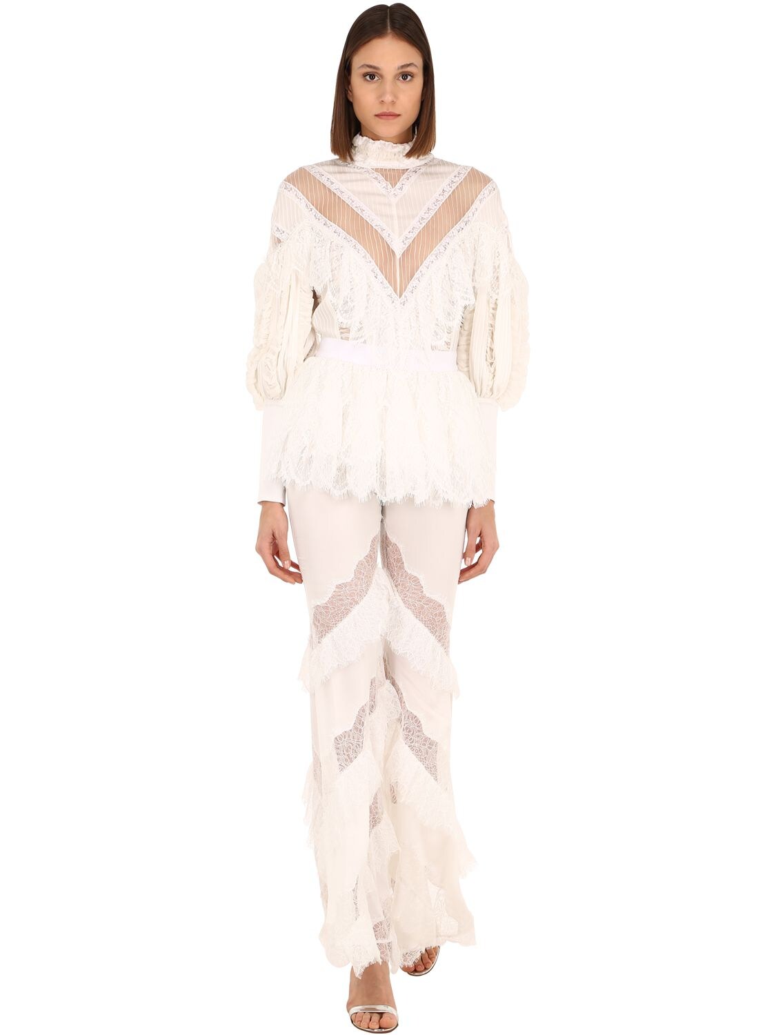 Amen Couture Fringed Silk Lace Long Jumpsuit In White