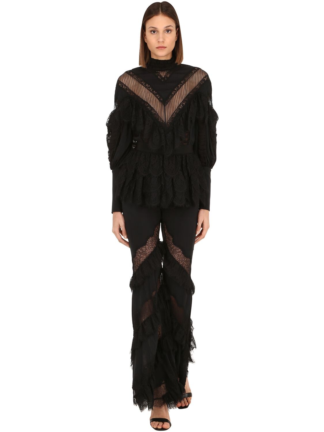 Amen Couture Fringed Silk Lace Long Jumpsuit In Black