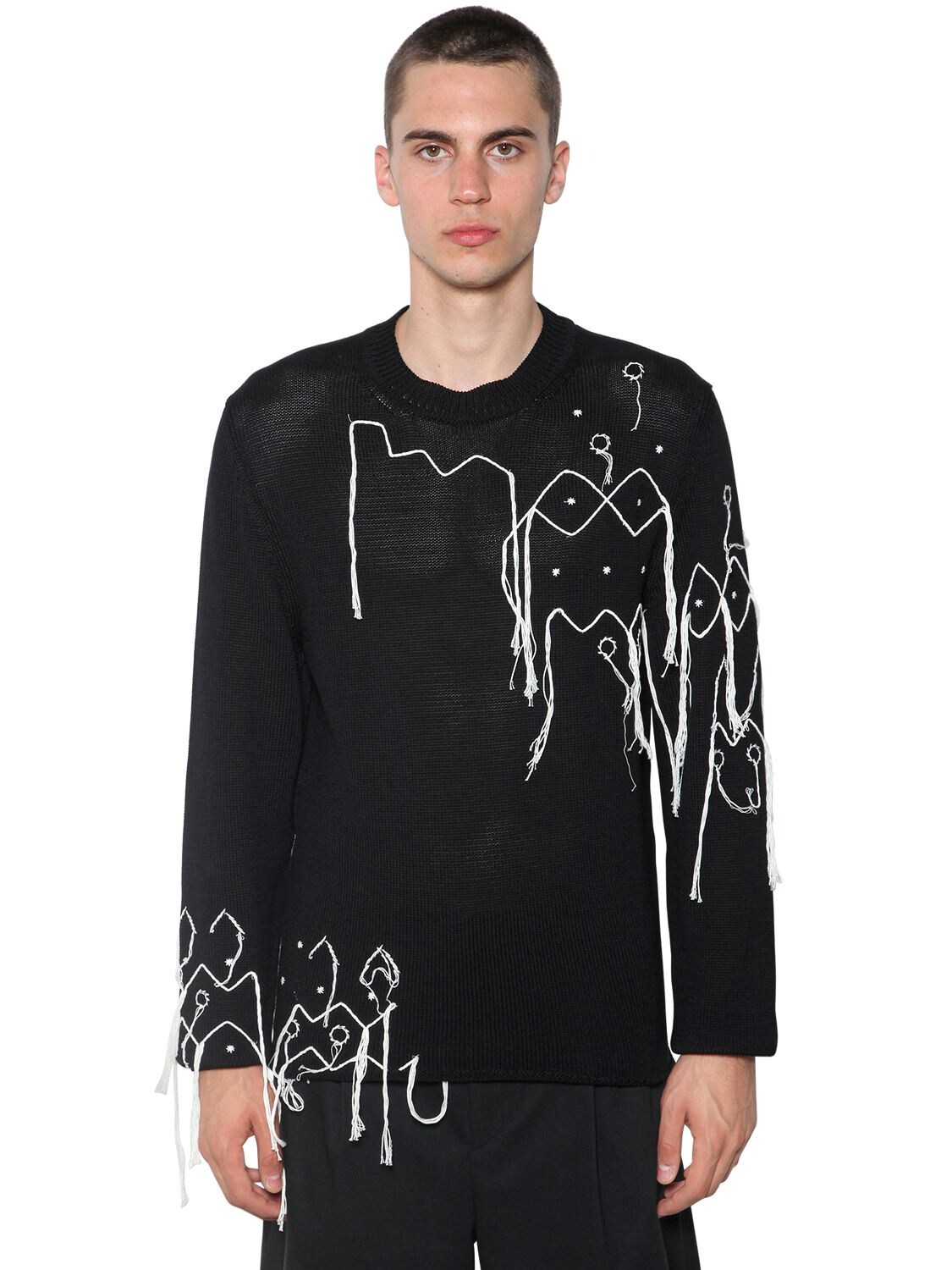 Jil Sander Embroidered Cn Ls Cotton Knit Sweater In Black