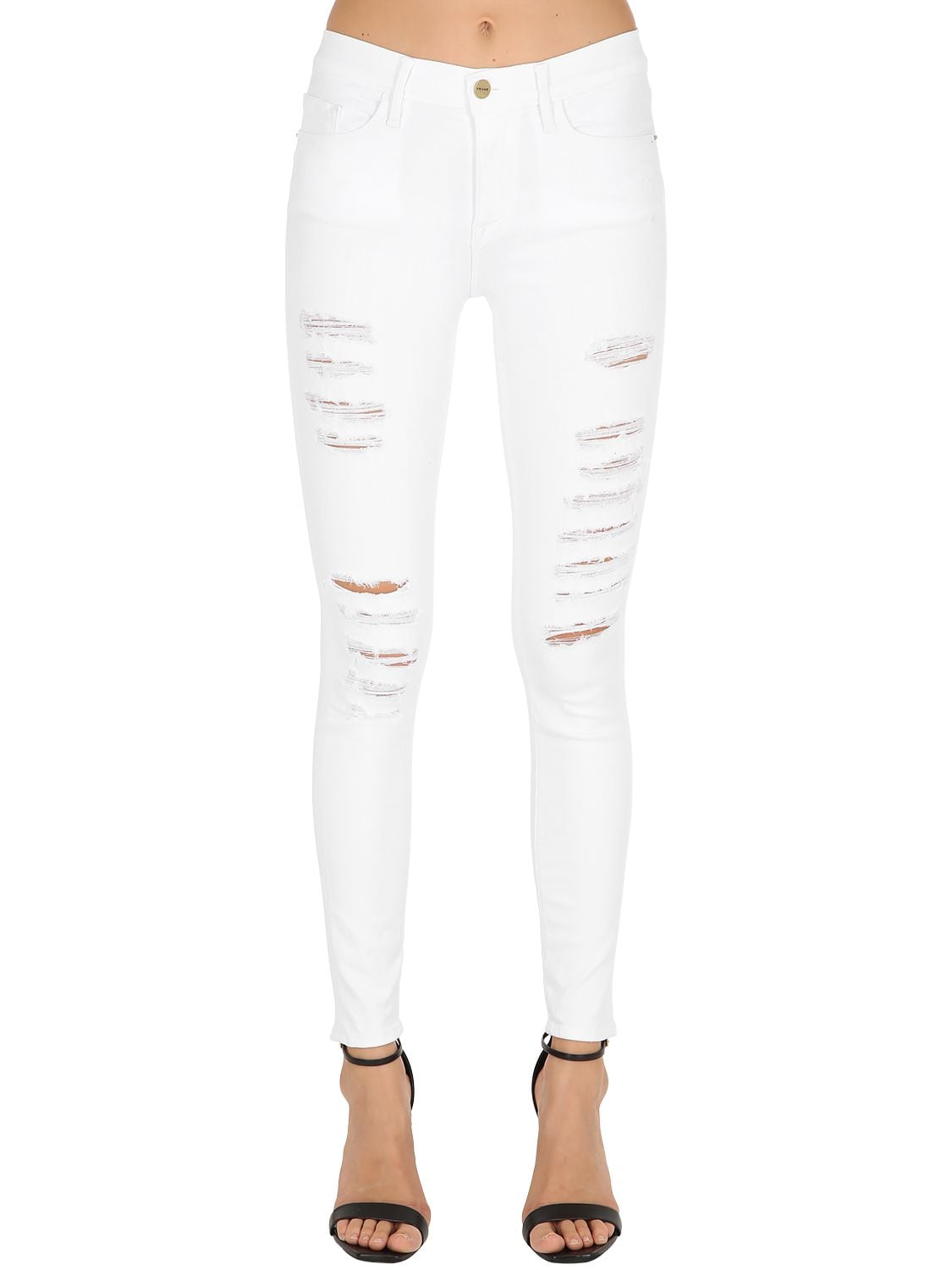 Frame Skinny Le Color Destroyed Denim Jeans In White