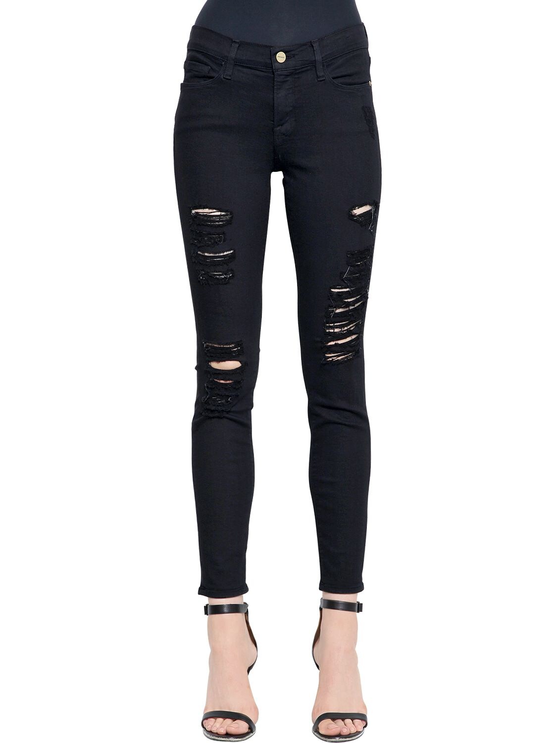 Frame Skinny Le Color Destroyed Denim Jeans In Black