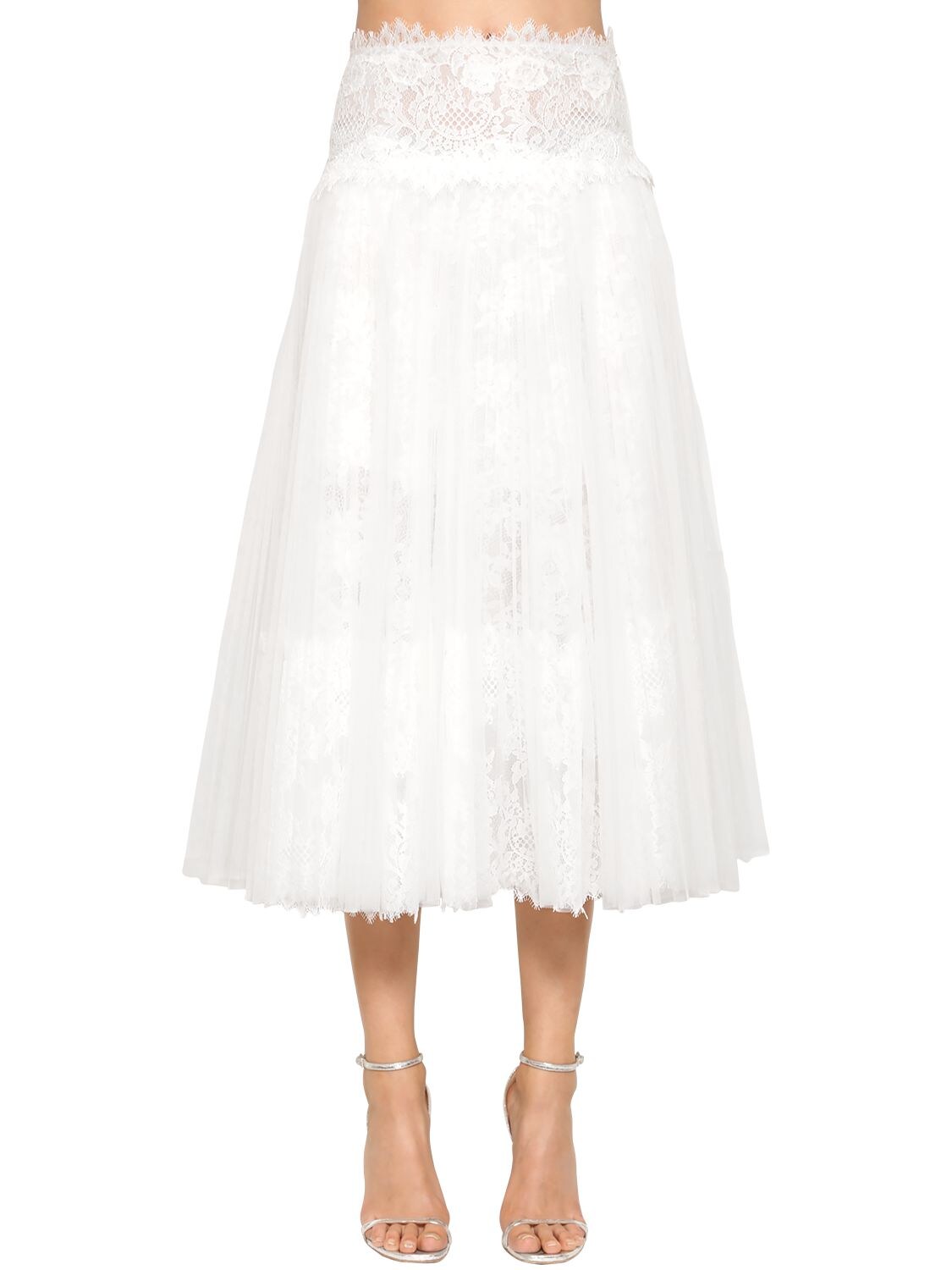 Ermanno Scervino High Waist Lace & Tulle Pleated Skirt In White