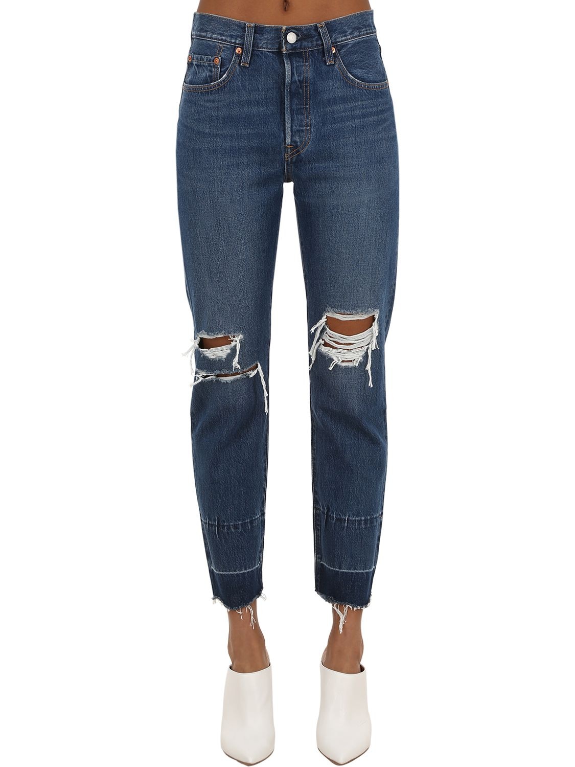 Levi's 501 Destroyed Cropped Cotton Denim Jeans In Blue