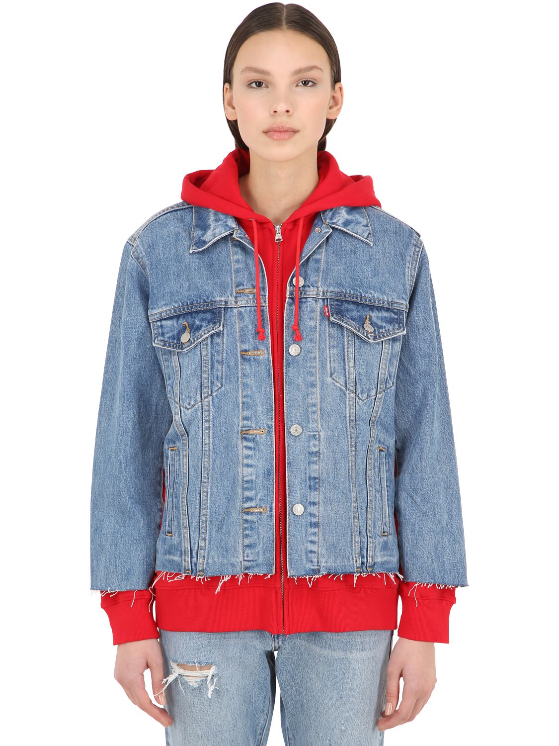 red hoodie with denim jacket