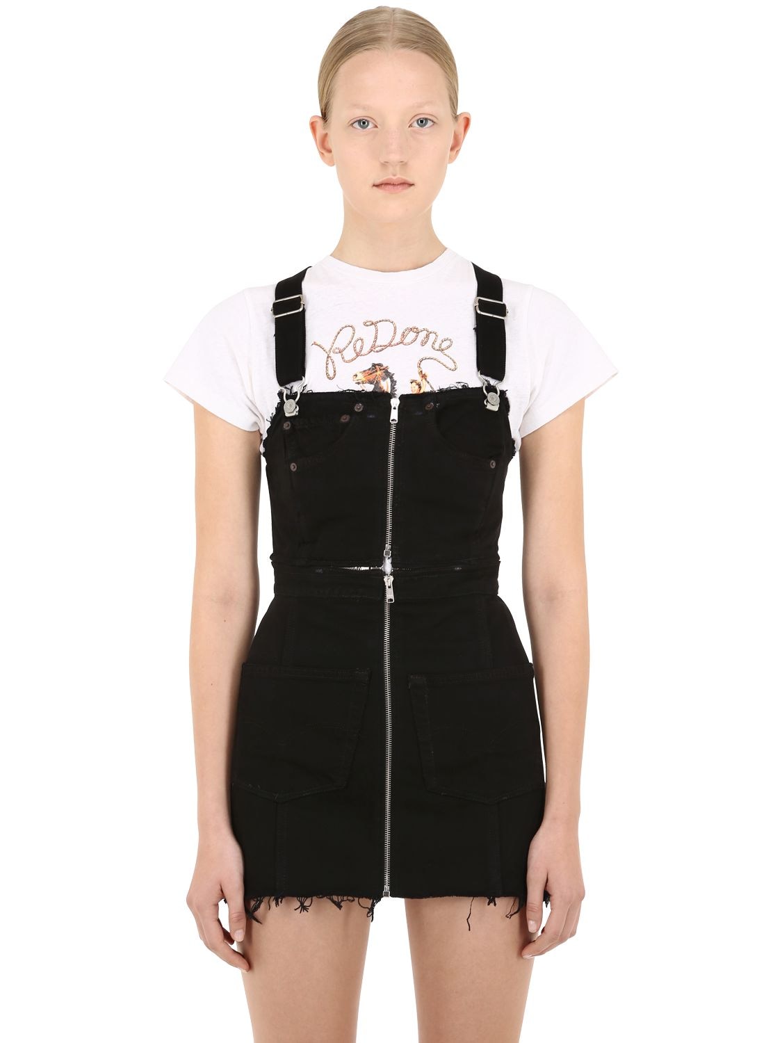 Zipped Denim Overalls Mini Dress